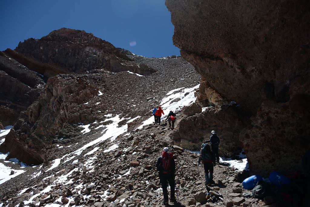 31 We Leave Our Knapsacks At The Cave 6746m And Start Climbing La Canaleta With Aconcagua Summit Just Visible In The Centre